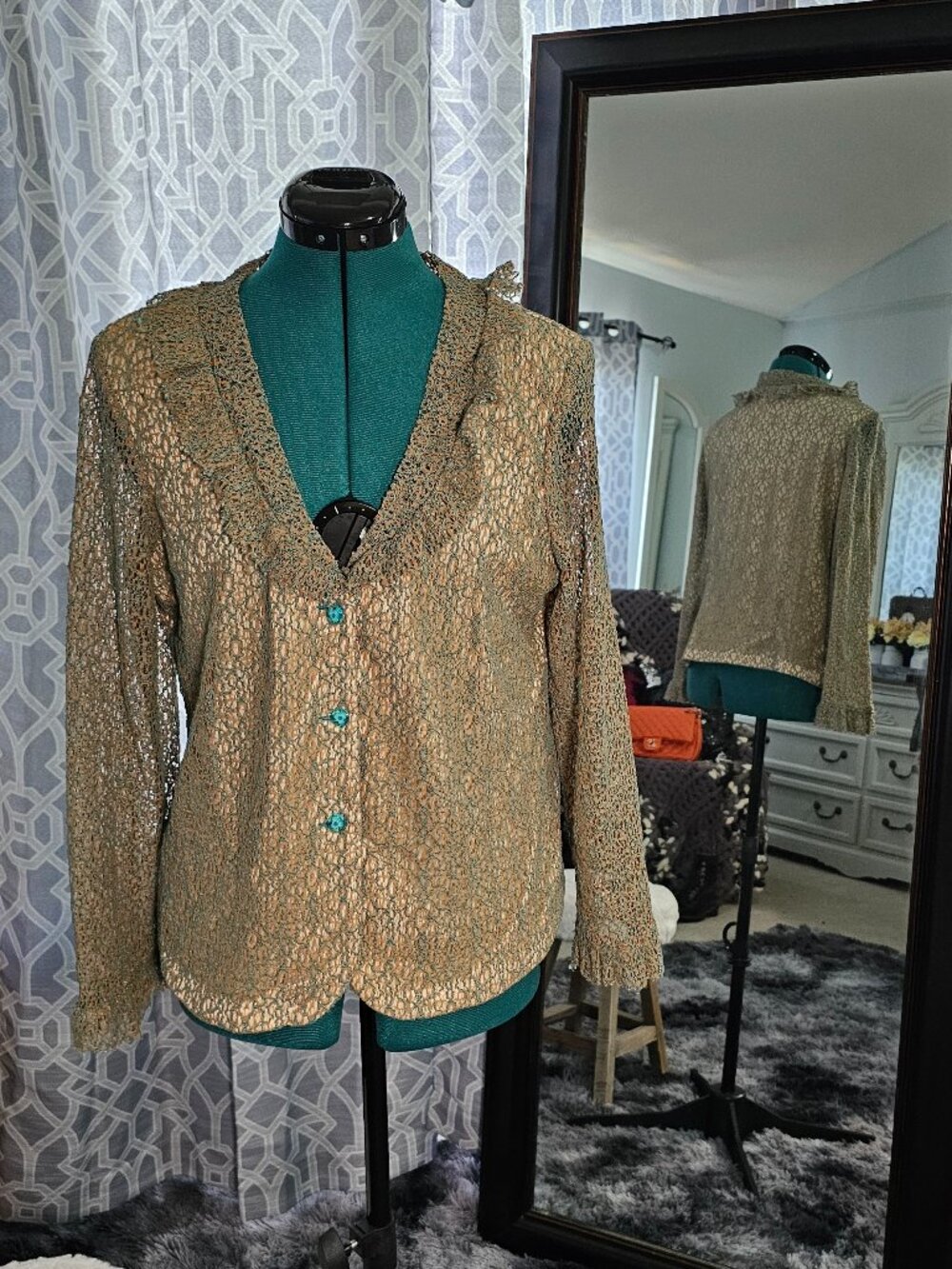 Young Essence Gold Lace Jacket with Turquoise Buttons – Size XL